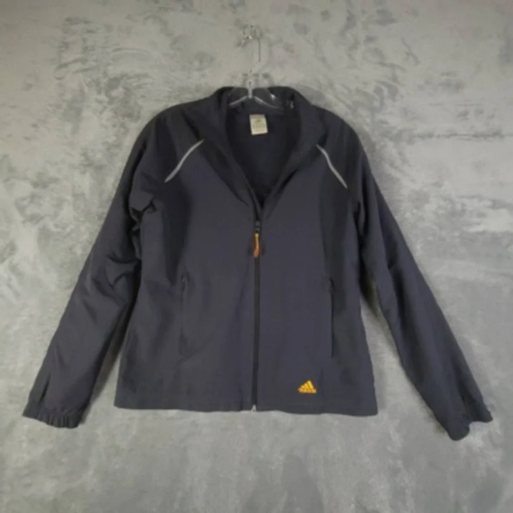 Adidas Jacket Mens M Windbreaker Gray Yellow Waist Length Pockets Logo Mock Neck